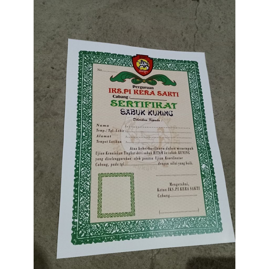 sertifikat piagam Sabuk Kuning IKSPI