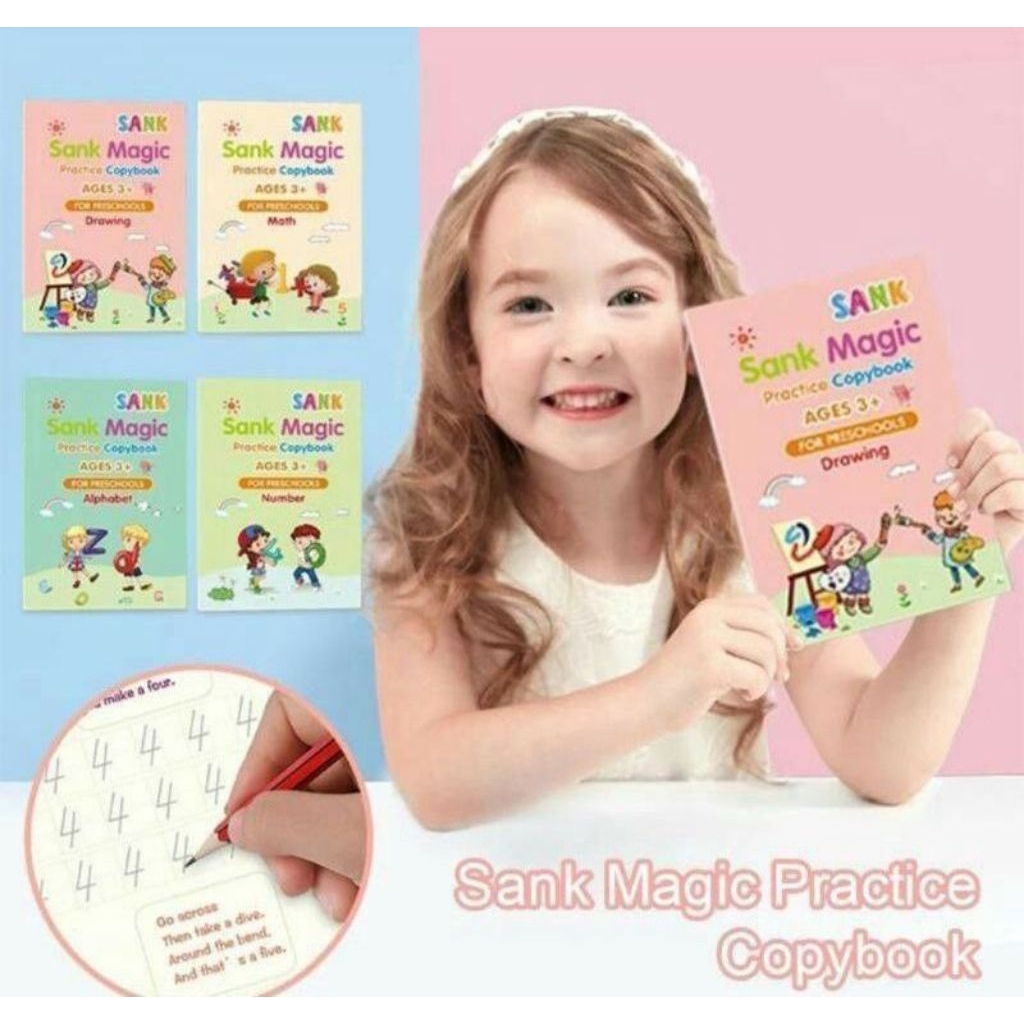 SANK MAGIC - Buku Belajar Menulis & Menggambar Anak PAUD TK SD | 4pcs buku + pulpen magic + Refill