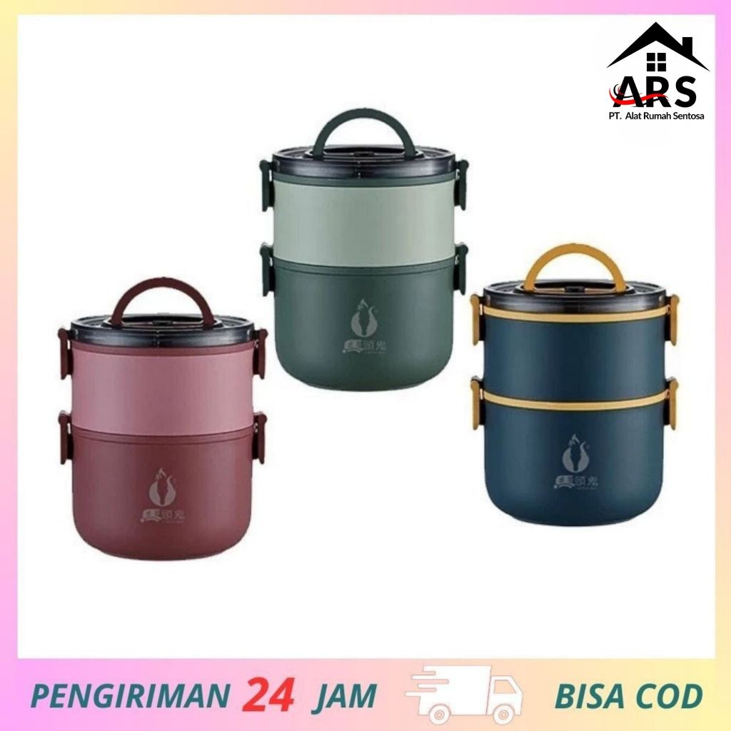 ARS - Lunch Box Kotak Makan 1600ml / tempat mankan 2 layer lunch box double-layer siang bulat / Beka
