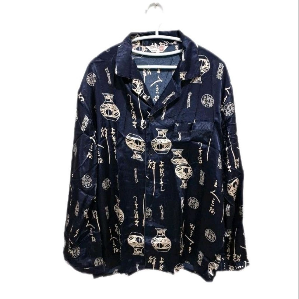 Baju tidur/ piyama wanita lengan panjang celana panjang  XL satin biru  navy