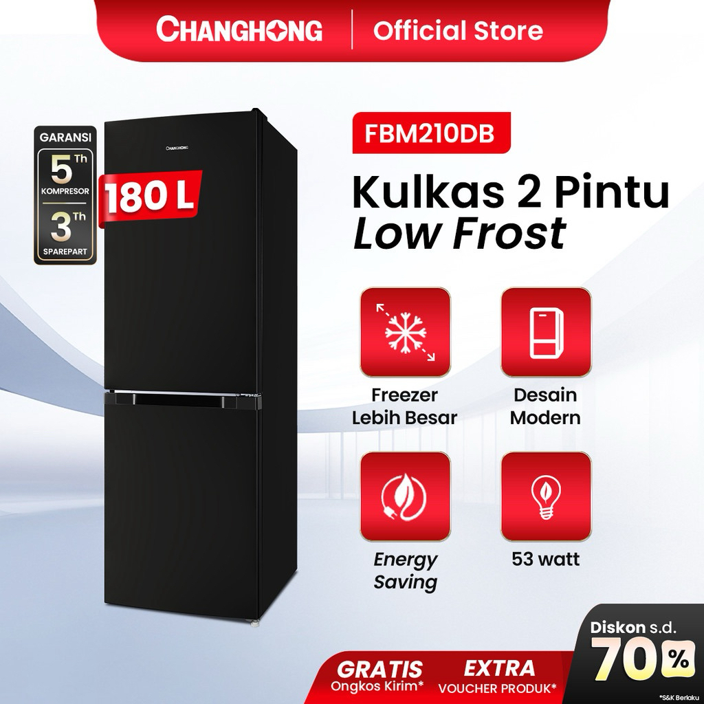 Changhong FBM210DB Kulkas 2 Pintu Bottom Freezer 180L Hitam Low Frost
