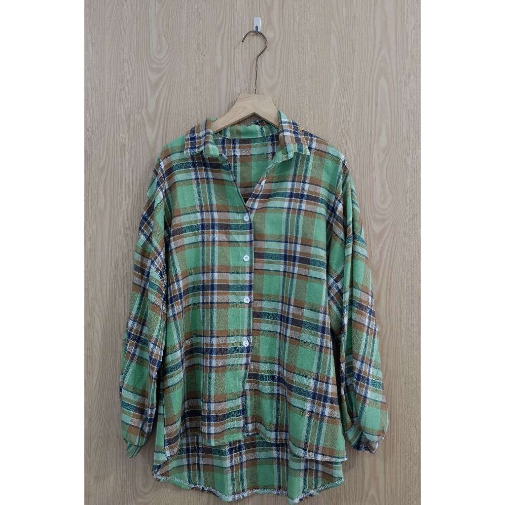 RAF Pakaian Atasan Perempuan Kemeja Flanel (Hijau Mix)