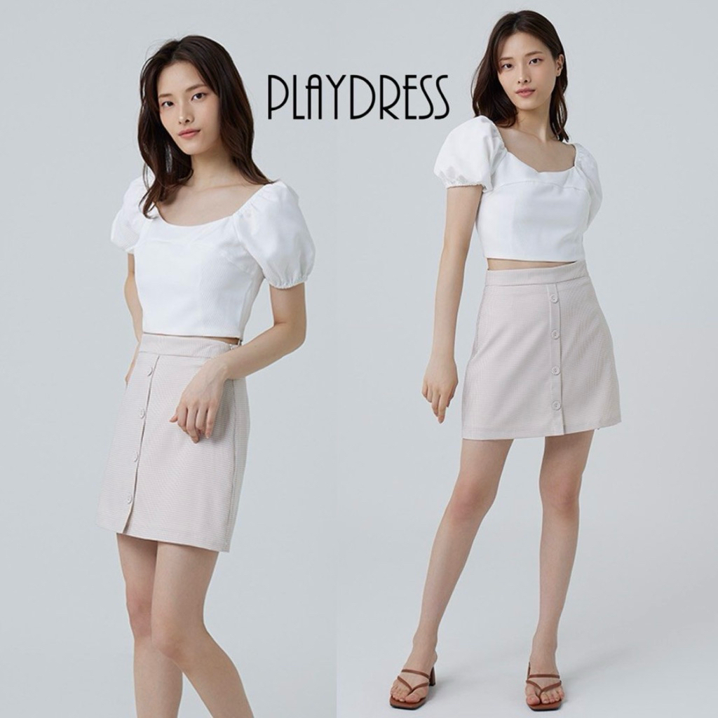 BNWT NEW with Tag Playdress Eberta Gingham A-Line Mini Skirt Ash White Light Brown Mini Plaid A Line