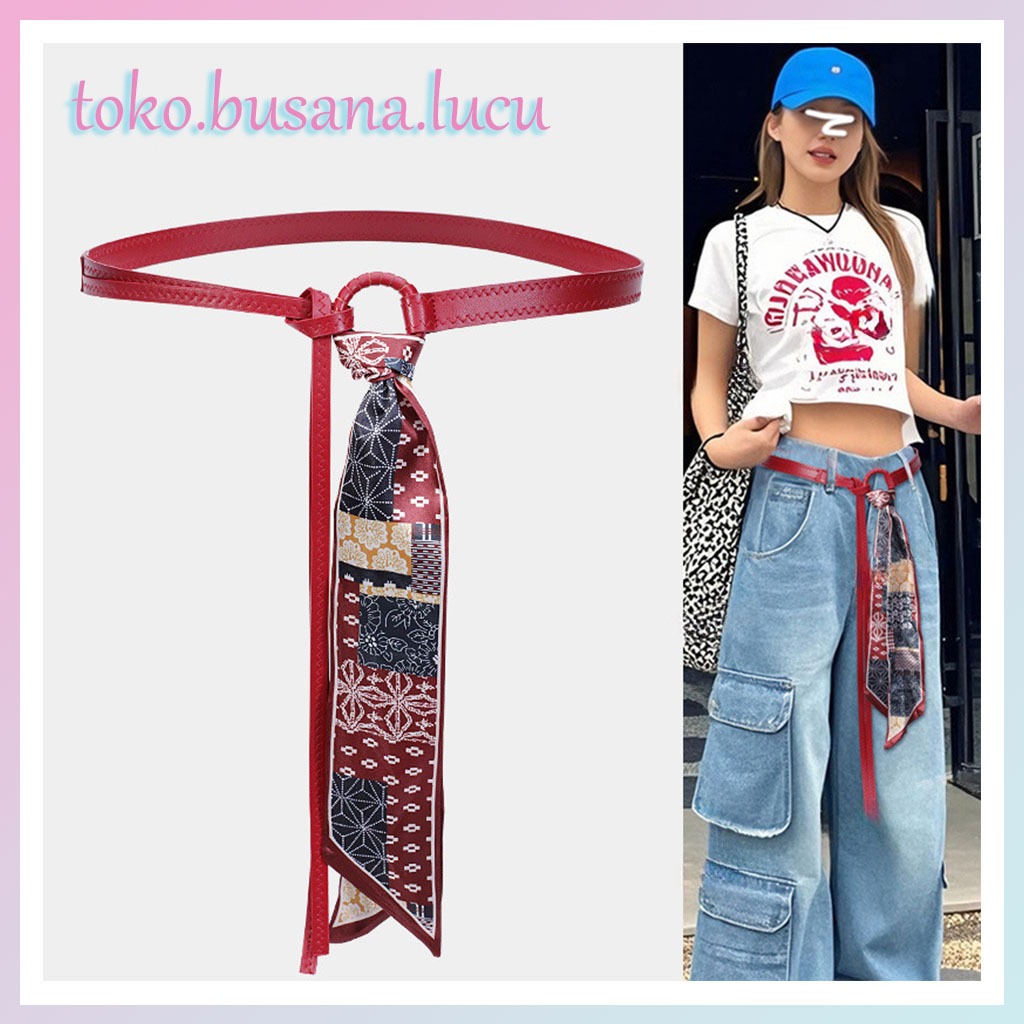 Ikat Pinggang Wanita Pria Kulit PU Syal Motif Batik - Sabuk Unisex Fashion Korea Gaya Punk Kasual  -