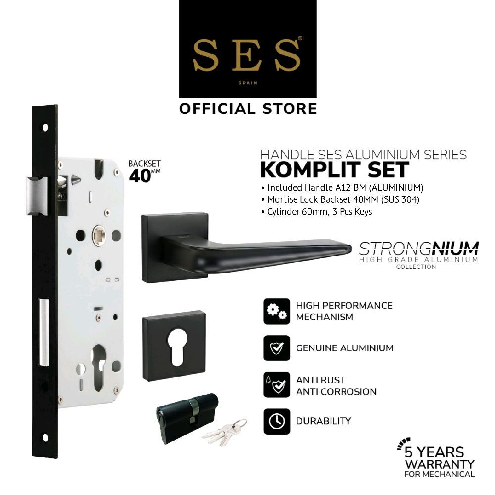Gagang Pintu Set - Handle Pintu SES Aluminium A12 BM + Body Kunci SES ECO E2030 - 40mm BM