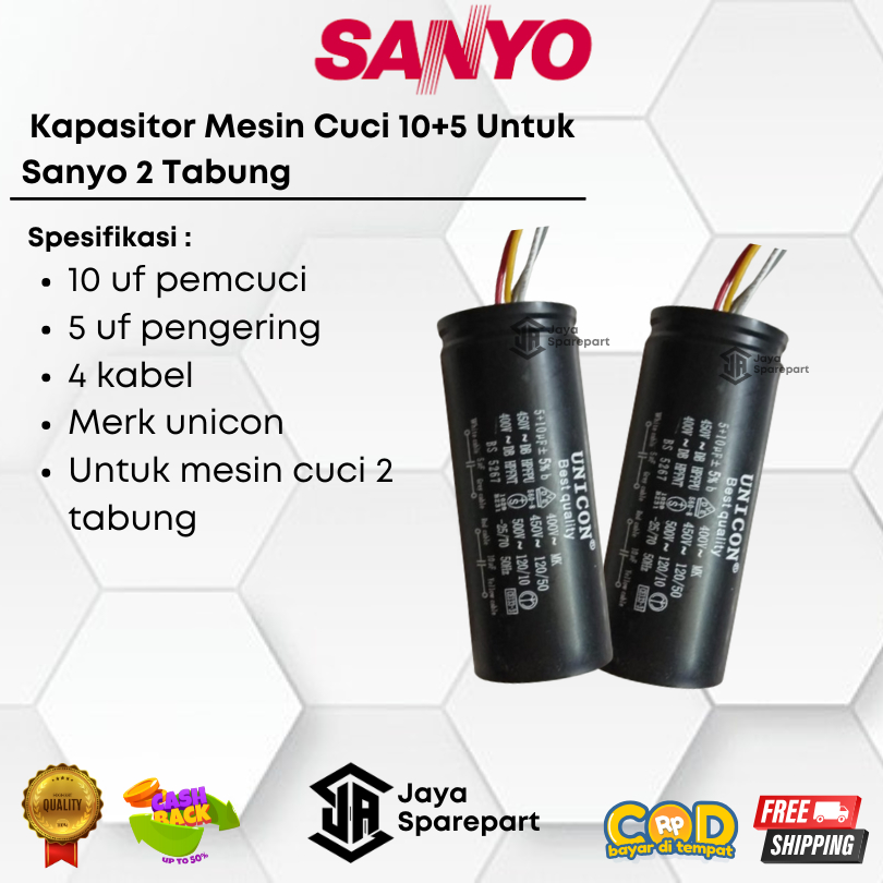 KAPASITOR MESIN CUCI SANYO 2 TABUNG ( 10 + 5 )
