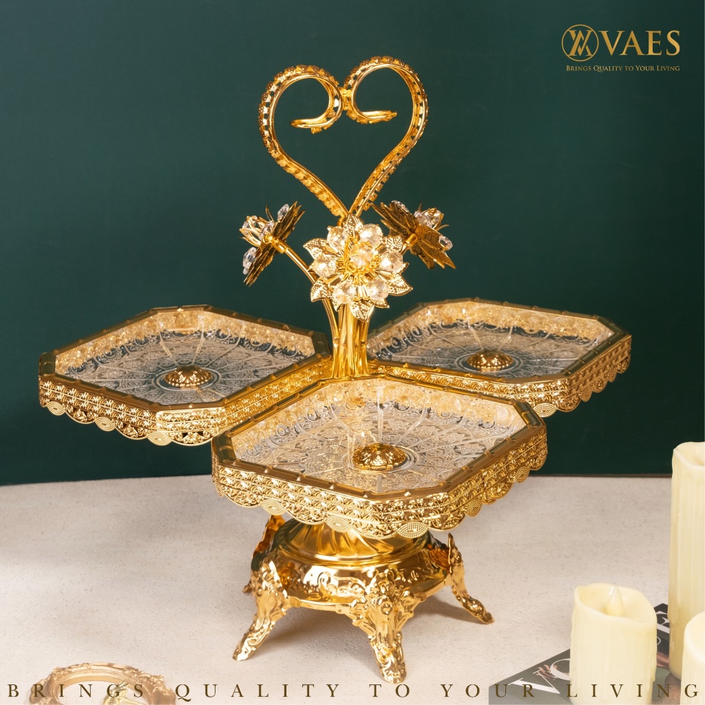 [VAES] Tray Diva Kaca 3 Bagian Segi Emas — Nampan Mewah 3 Susun Tempat Snack Kue Hiasan Meja Ruang T