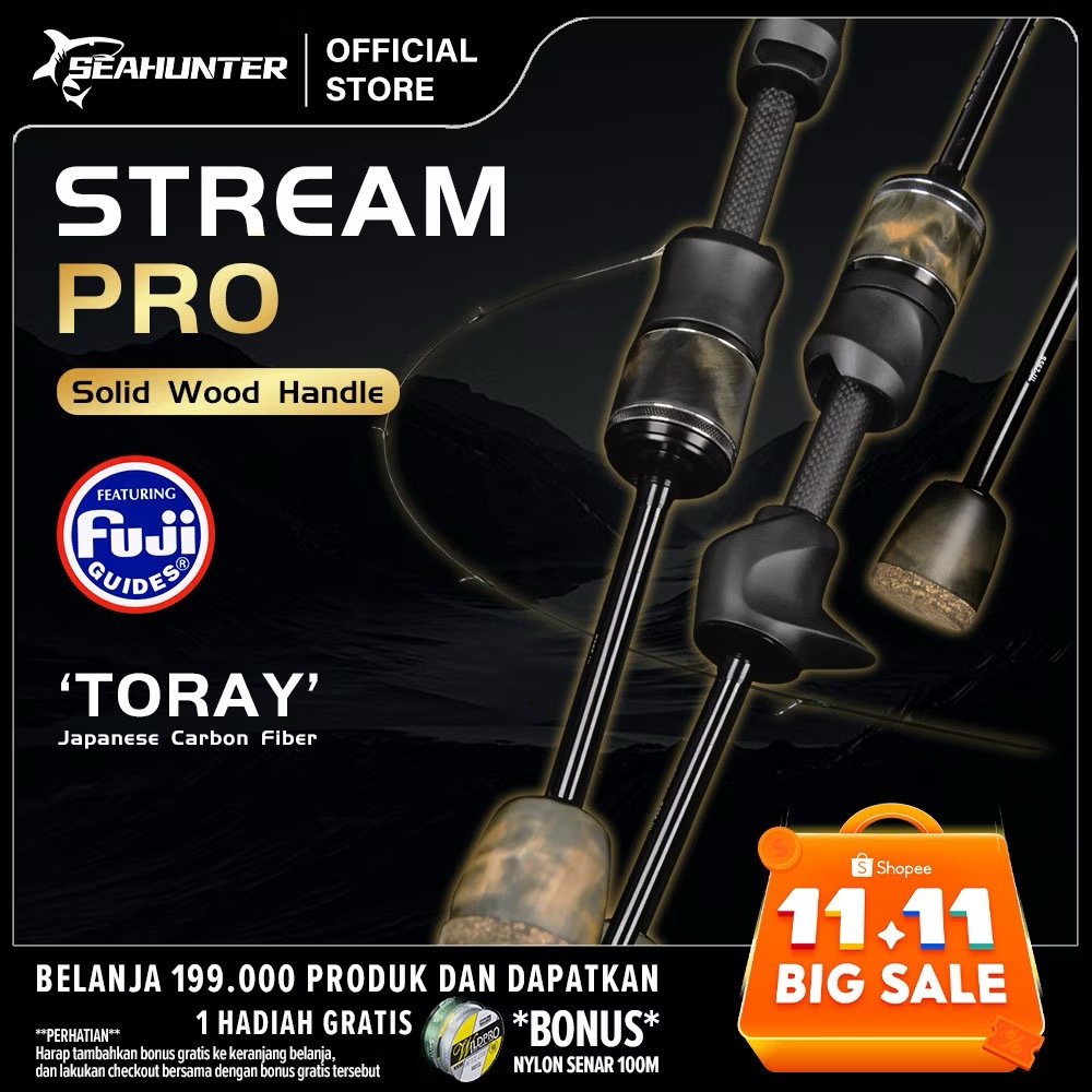 BEKAS SEAHUNTER STREAM PRO Joran Pancing, FUJI O Guide Rings Wood 2 Sections UL 1.57-1.68 Meter Jora
