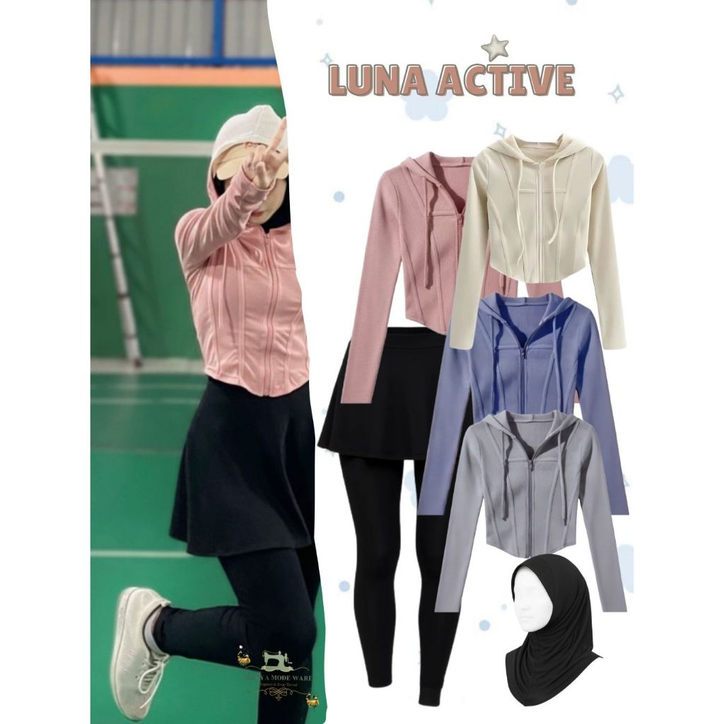 One Set Olahraga Wanita Hijab | Hoodie Crop Top + Legging Rok + Jilbab Bergo | Outfit Padel