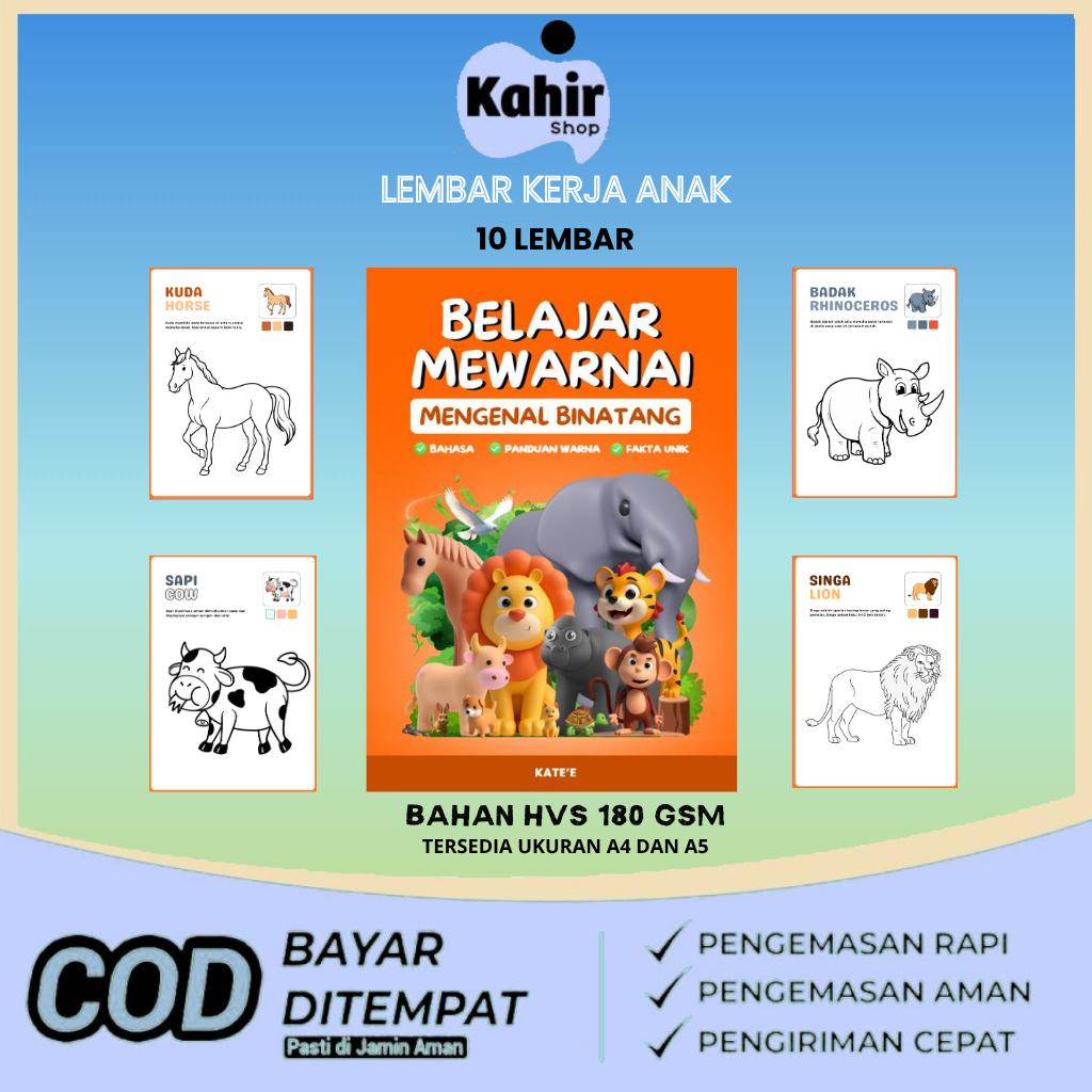 Paket Mewarnai Anak 10 Lembar HVS 180 GSM A4 / A5 Lembar Kertas Belajar Mewarnai Mengenal Binatang