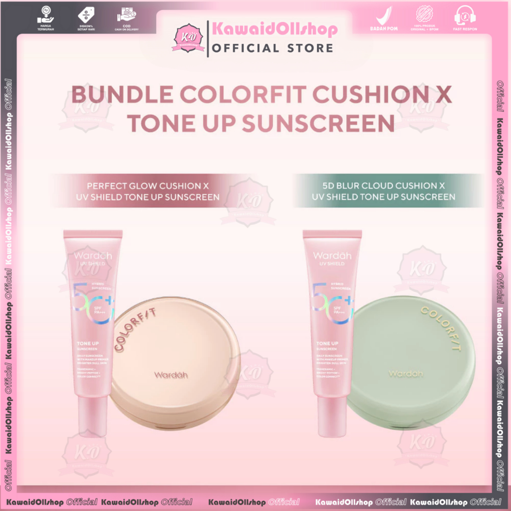 WARDAH Paket [2in1] UV Shield Tone Up Sunscreen SPF 50+ PA+++ 30 ml + (Colorfit Perfect Glow Cushion