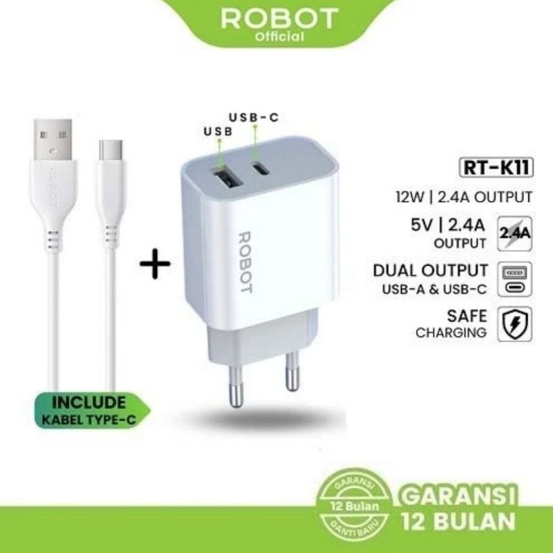 Robot Charger Adaptor Dual Port USB-A+C Kabel Type-C RT-K11 2.4A