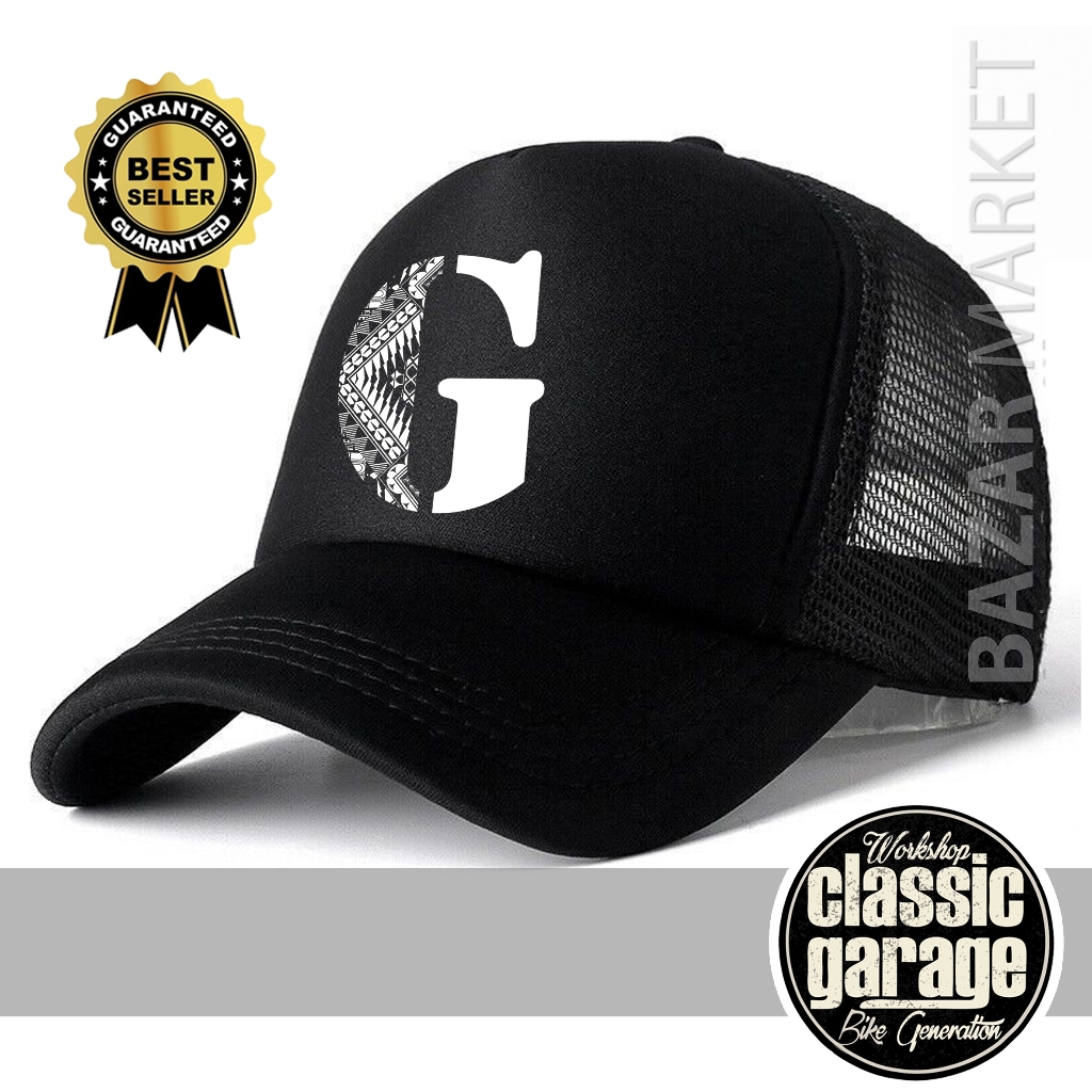 Topi Trucker Motif Batik Warna Hitam Inisial Huruf Abjad A B C D E F G H I J K L M N O P Q R S T U V