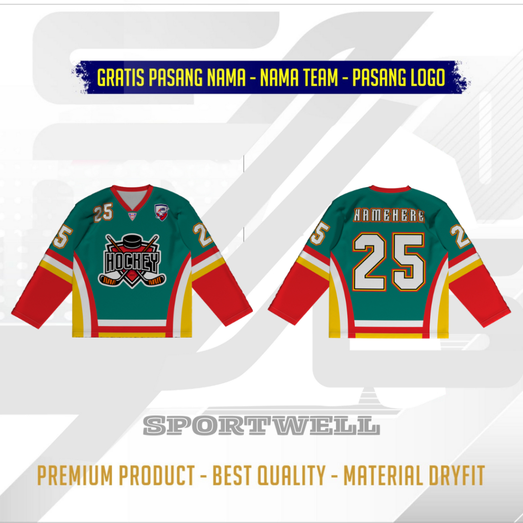 JERSEY BASEBALL HOCKEY GREEN RED TANGAN PANJANG FULL PRINTING GRATIS PASANG NAMA JERSEY CUSTOM