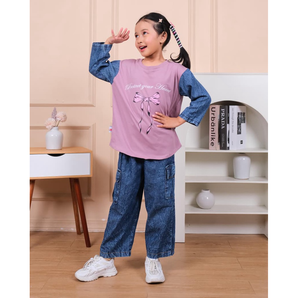 Setelan Anak Perempuan Celana Levis Cargo Baju Gambar Pita Usia 3 Tahun-14 Tahun Blue Indigo