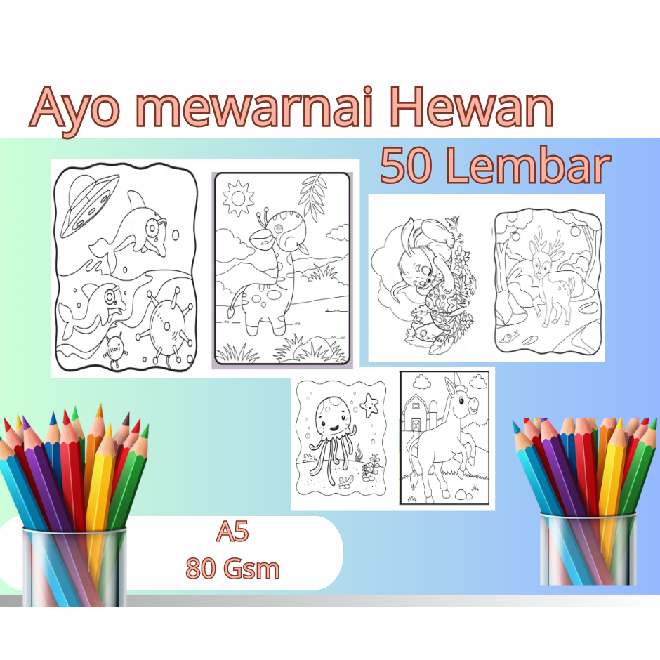 Kertas Mewarnai Gambar  Hewan 50 Lembar Mewarnai Anak