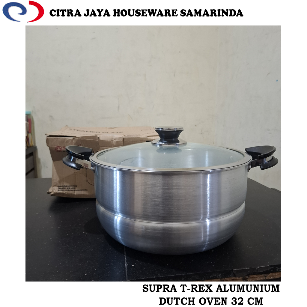 Panci Rebus / Dutch Oven Alumunium Ukuran 32 CM & TUTUP KACA SUPRA T-REX (PER 1 PCS)