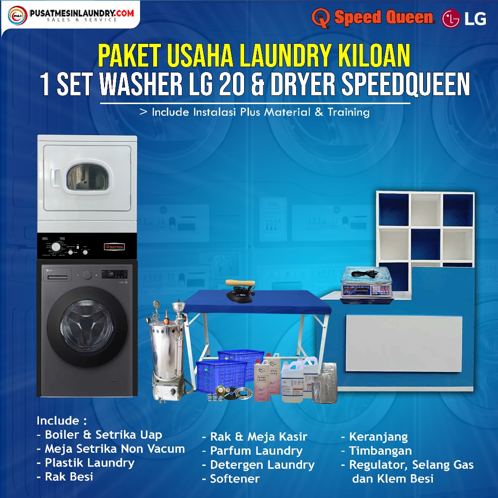 Paket Laundry Kiloan Stack Washer LG 20 kg dan Dryer Speedqueen 15 Kg