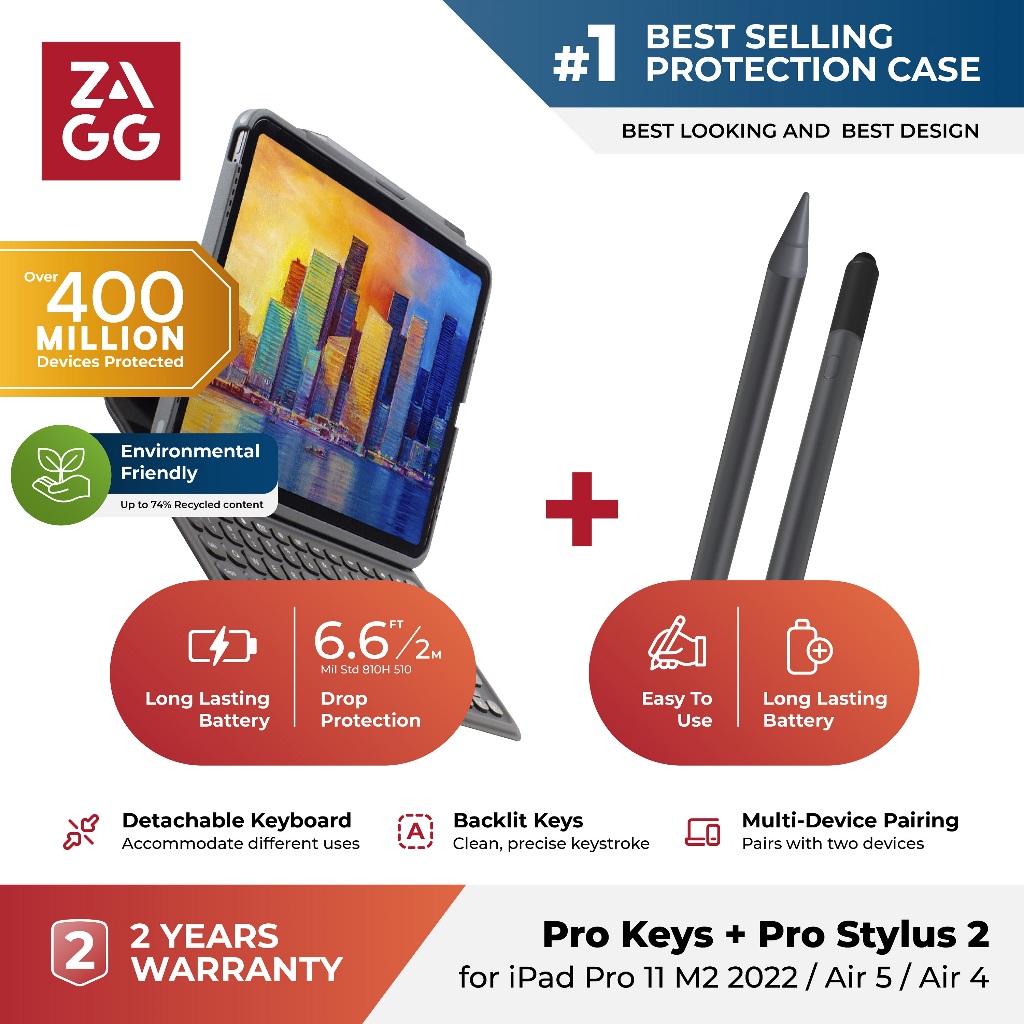 [Paket Hemat] Original ZAGG Prokeys Keyboard iPad Air 6 / 5 / 4 with ZAGG Pro Stylus 2 Apple Pencil 