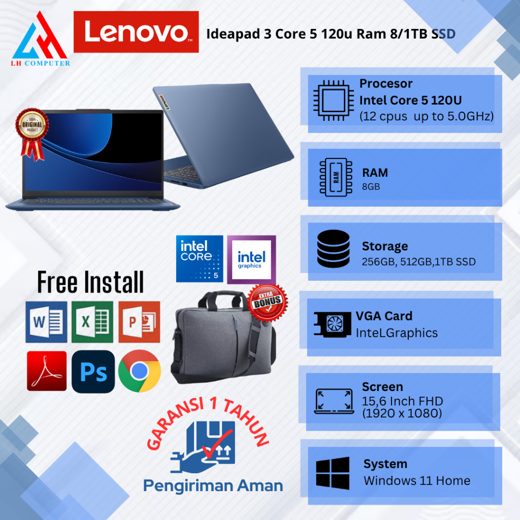 Laptop Baru Lenovo Ideapad 3 Core 5 120u 12 Cpu 5.0Ghz