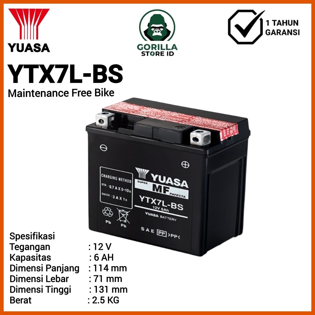 Baterai Aki  MotorcycleYUASA Maintenance Free Bike 12V 6AH  (YTX7L-BS)