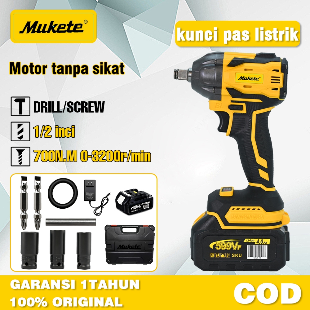 Mukete cordless impact 700N.M impact wrench impact baterai 598V 2 Baterai Impek Baterai Kunci Impact