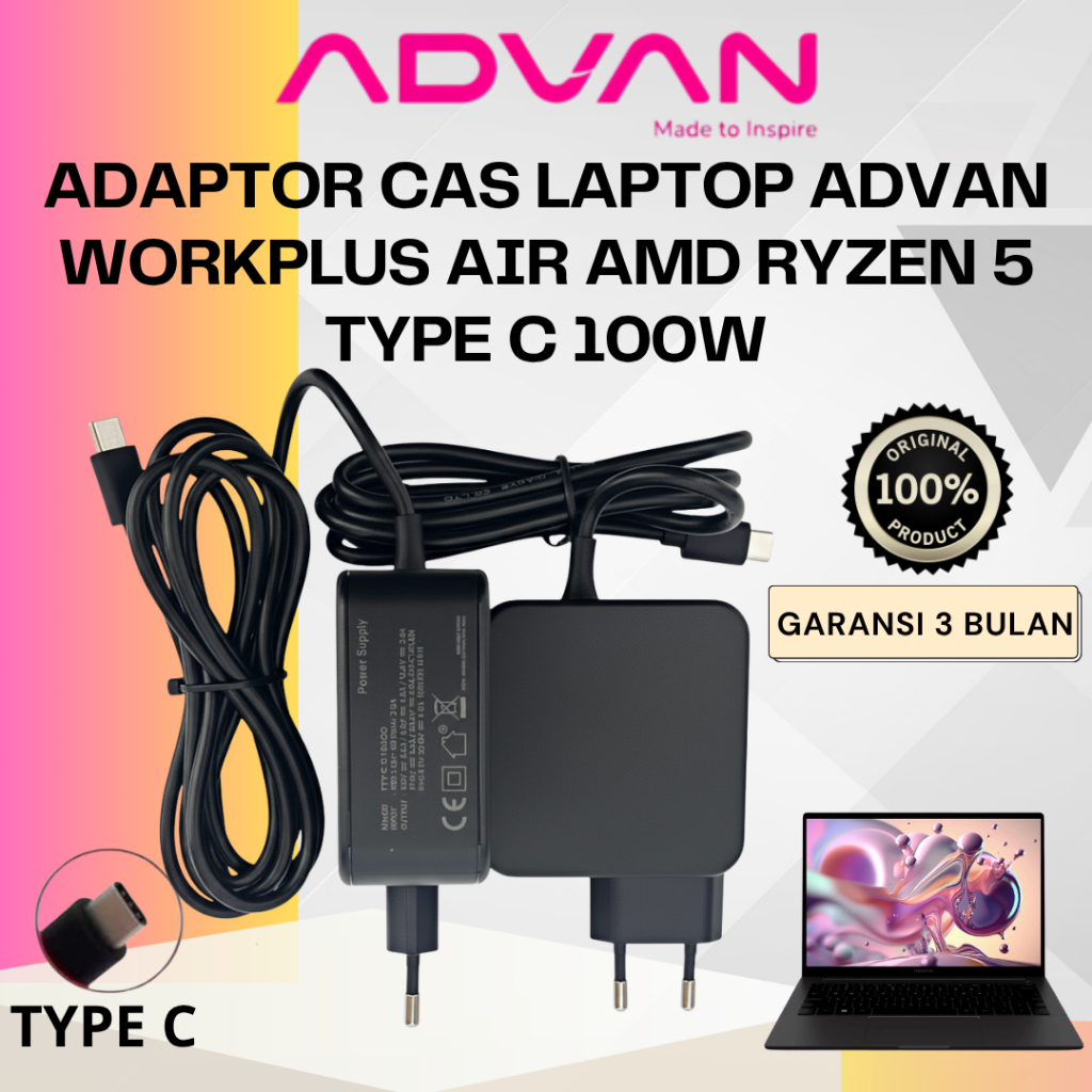 ADAPTOR LAPTOP ADVAN WORKPLUS AIR AMD RYZEN 5 | CAS CHARGER TYPE C 100W GARANSI 3 BULAN