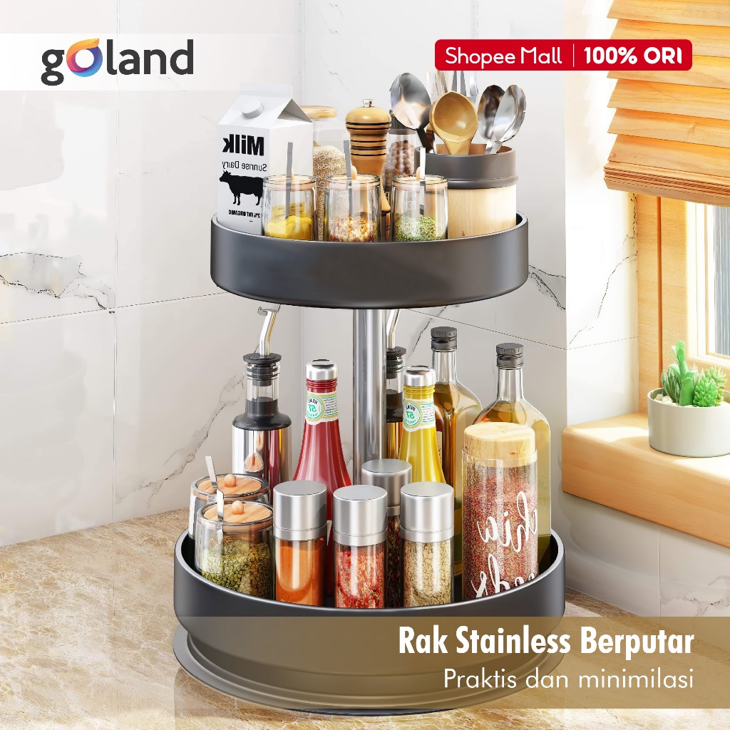 Goland Rak Bumbu Putar Berputar 360 Derajat - Rak Dapur Serbaguna Stainless - Rak Bumbu 2 Susun Besi