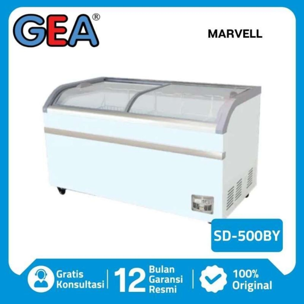 GEA SD 500BY CHEST FREEZER ICE CREAM SLINDING CURVE GLASS GARANSI RESMI