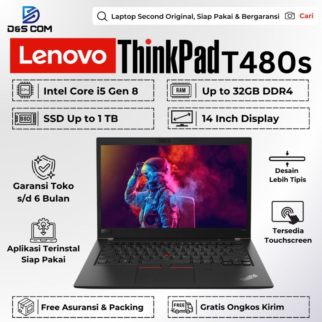 Lenovo Thinkpad T480s / T480 Core i5 Gen 8 Ram 16GB SSD 256GB - Laptop Second Bergaransi Siap Pakai