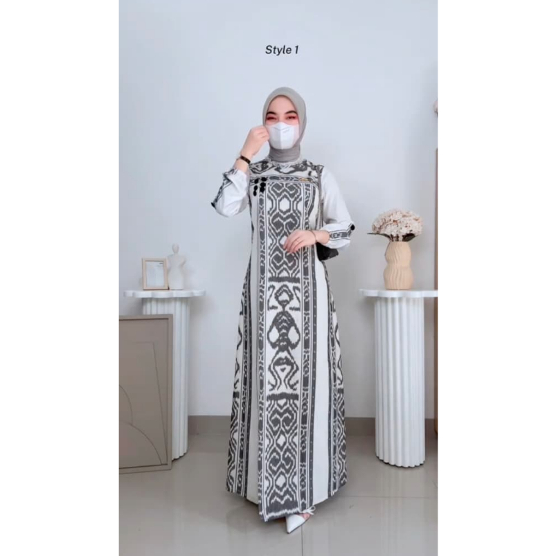 Baju Couple Tenun Ndoro Ayu – Gamis & Kemeja Etnik Elegan Kombinasi Tenun Modern