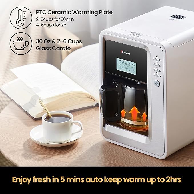 HAUSWIRT K6 Automatic Grind & Brew Coffee Maker, 6 Cup Drip Coffee & Tea Machine with Stainless Stee