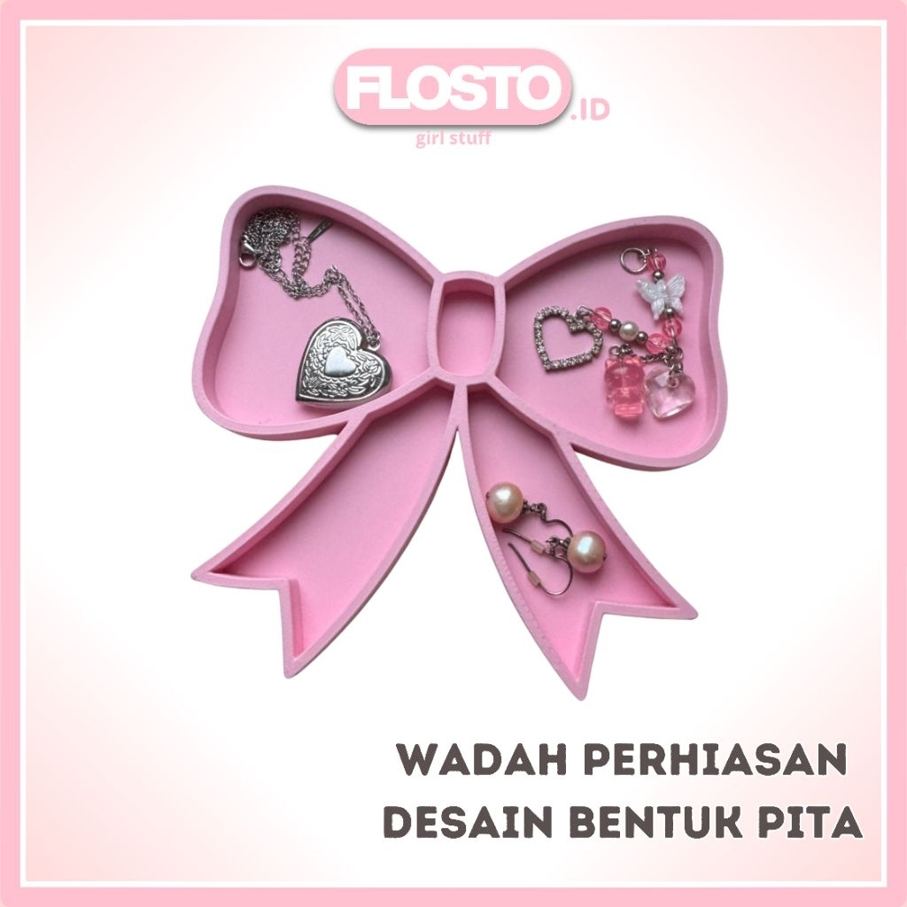Wadah perhiasan lucu dengan desain pita yang estetik & girly. Cocok untuk cincin, gelang, kalung, da
