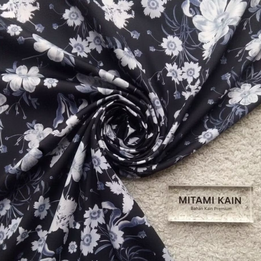 Kain Satin Maxmara Motif Bunga Monokrom Hitam Putih Premium Bahan Dress Gamis (Harga Kain Per½ Meter