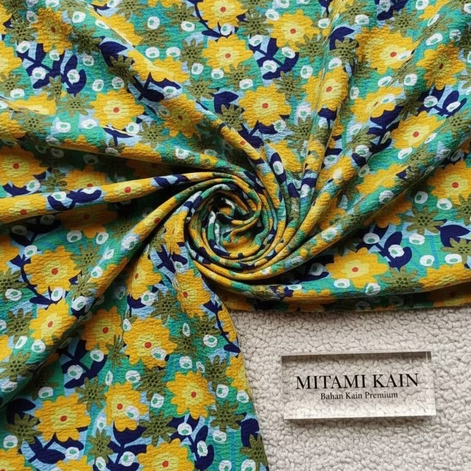Bahan Kain Crinkle Airflow Premium Motif Floral Retro Vintage Warna Pop Adem Jatuh (Harga Kain Per½ 