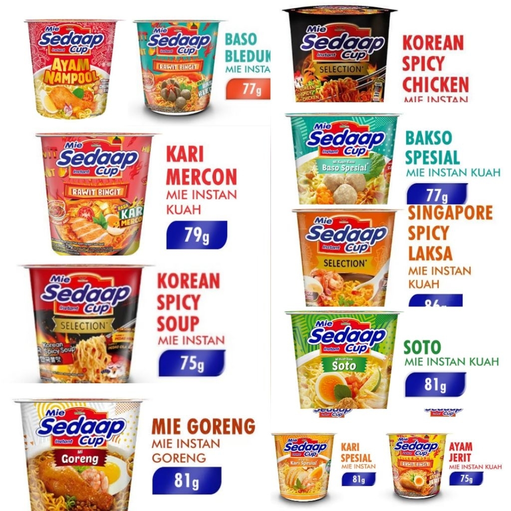 MIE SEDAAP CUP RASA AYAM JERIT | AYAM NAMPOOL | BAKSO | BASO BLEDUK | GORENG | KARI MERCON | KARI SP