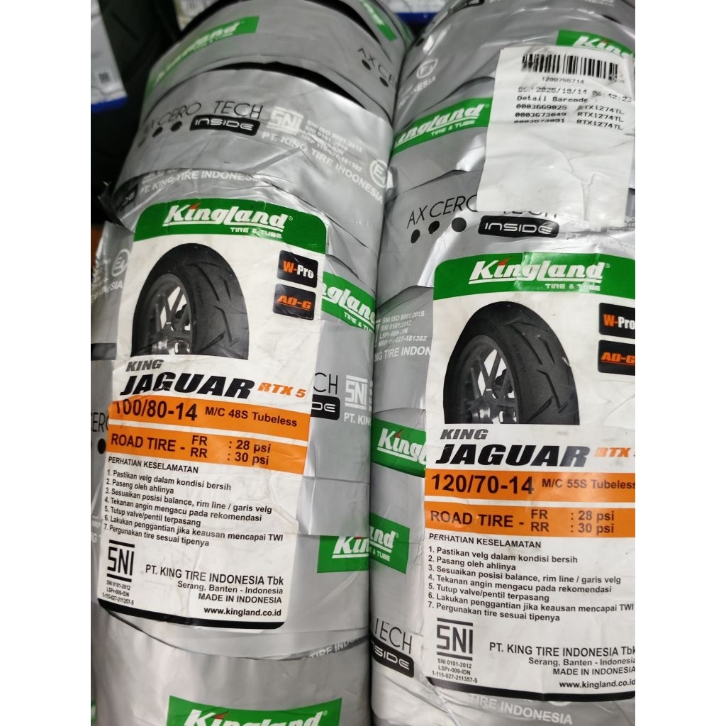 PAKET 2 BAN LUAR KING LAND KING JAGUAR RTX5 (100/80-14 DAN 120/70-14) BAN DEPAN BELAKANG MOTOR PCX 1