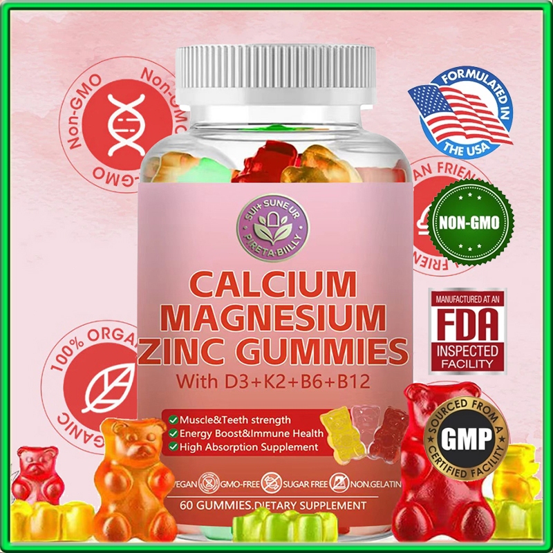 Permen Karet Kalsium Magnesium Zinc Lezat 60pcs dengan Vitamin D3 K2 B6 B12 mendukung kekuatan tulan