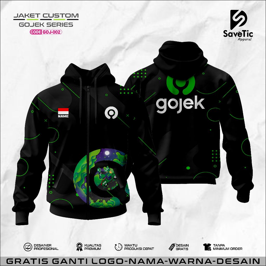 Jaket Gojek Full Printing Sublim/Jaket Custom/Hoodie/Bomber/Tracktop/Jaket gojek Pria dan Wanita/Jak