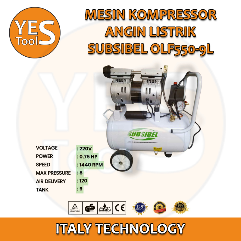Yes-Tools SUBSIBEL Mesin Kompresor Angin Listrik 0.75 HP Kompresor listrik 9L compressor Oilless Sil