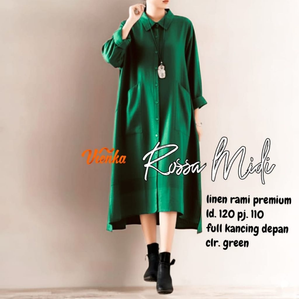 BAJU WANITA ROSSA MIDI DRESS JUMBO LINEN POLOS BY VIENKA
