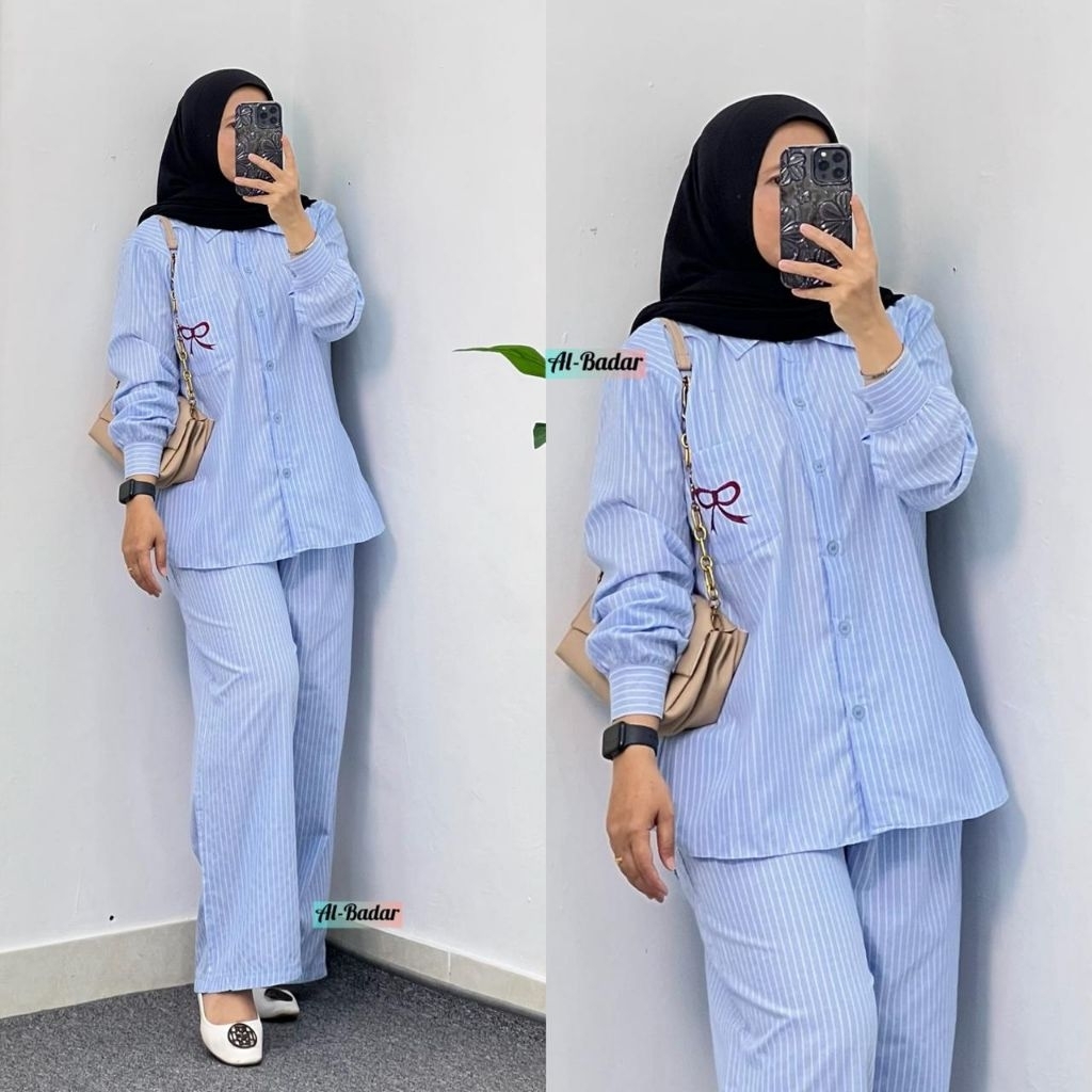 Setelan Celana Panjang Katun Garis Wanita – LD 110cm | Celana Panjang 95cm | 4 Warna Pastel Kekinian