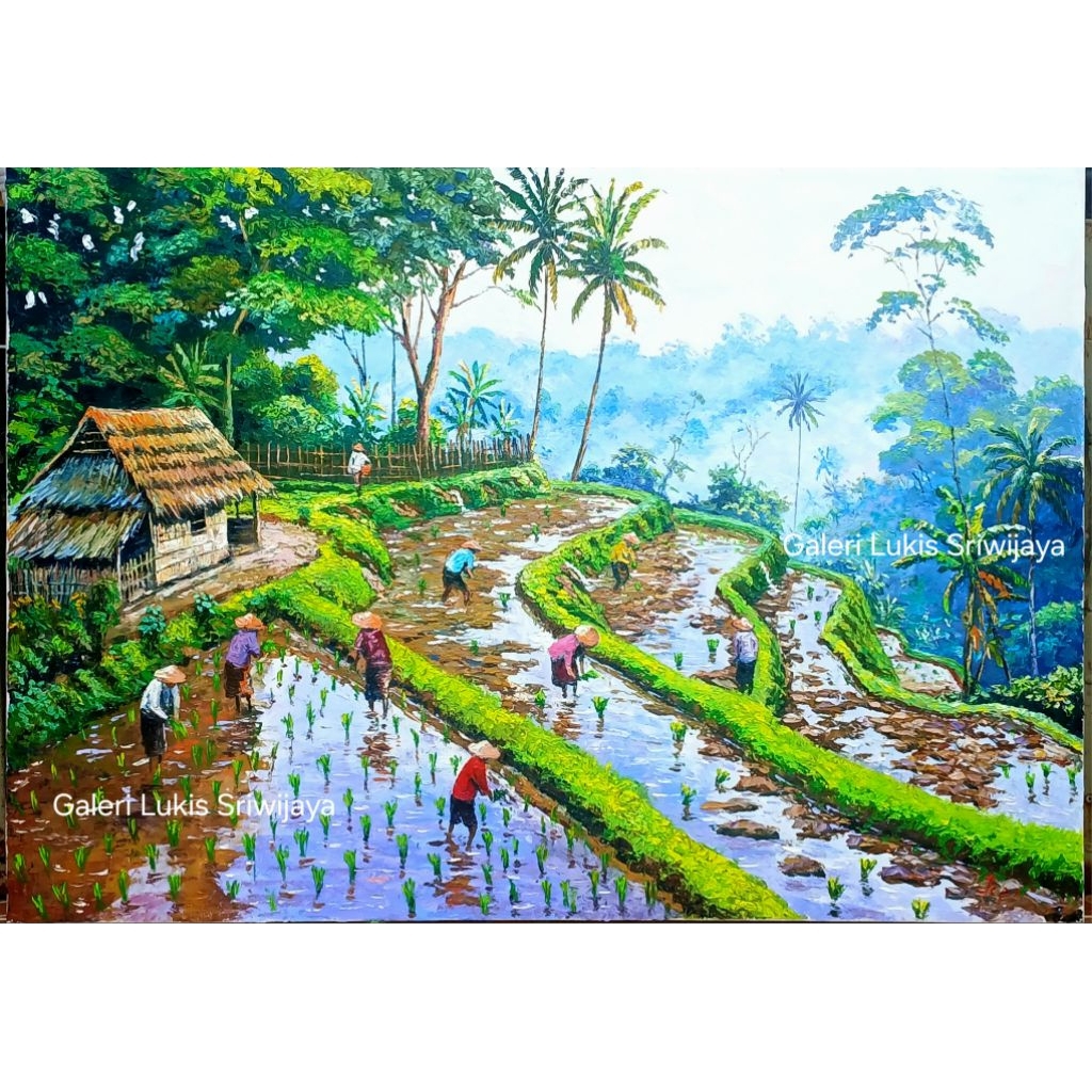 Lukisan Tanam padi , Lukisan panen diatas bukit, Lukisan pemandangan sawah luas, lukisan tanam padi.
