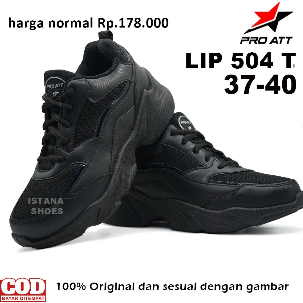 SEPATU CASUAL WANITA PRO ATT LIP 504 Tali FULL BLACK, SEPATU RUNNING JOGING SENAM SEPATU LARI