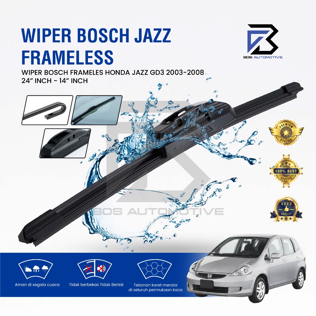 Wiper Blade BOSCH Clear Frameless Karet Kipas Kaca Depan Mobil HONDA JAZZ GD3 2004 - 2007 Frame Hook