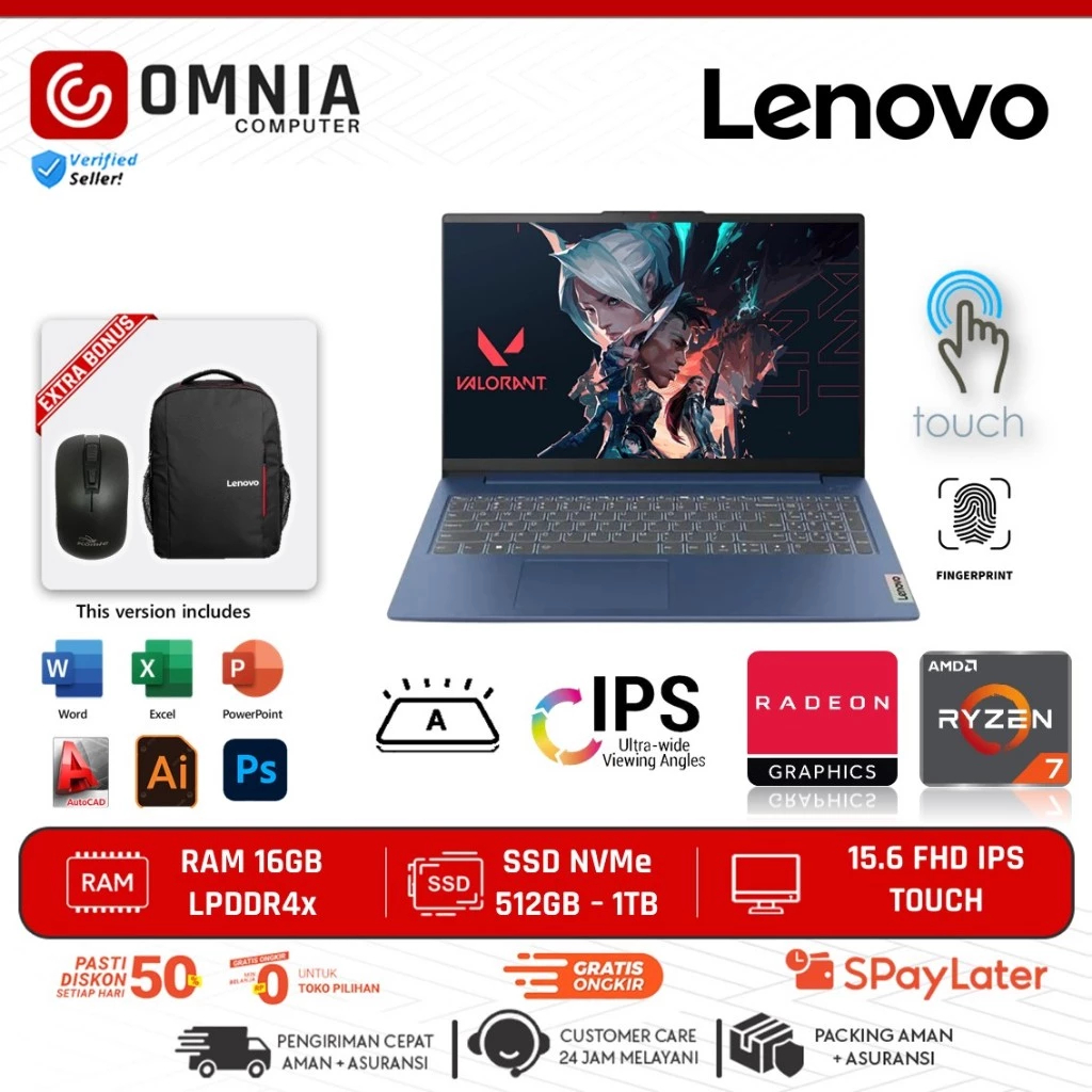 Laptop Murah Lenovo Ideapad Slim 3i 15 AMD Ryzen 7 7730U 16GB DDR5 1TB SSD 15.6 FHD Touch Win 11
