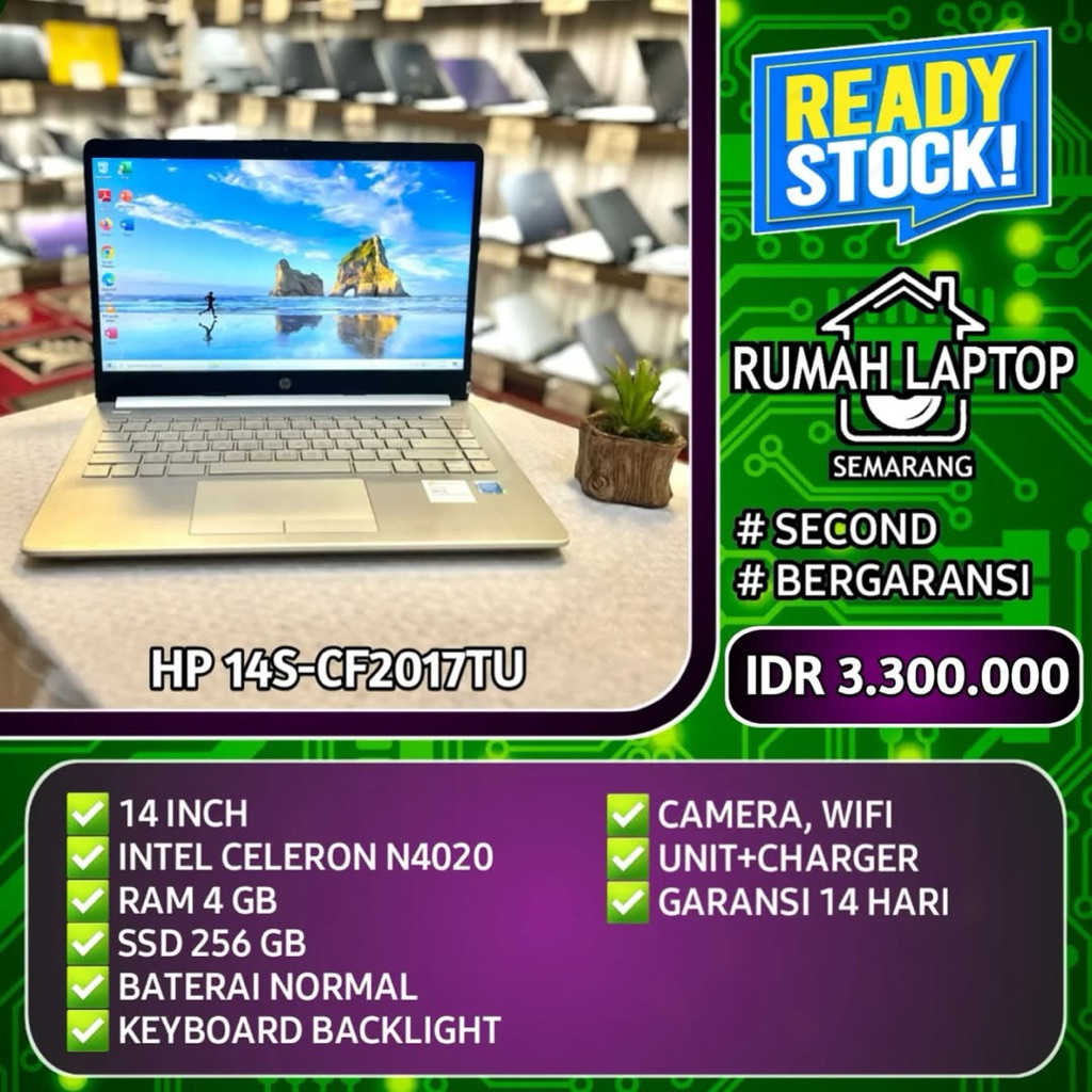 Laptop HP 14S-CF2017TU (second). Intel Celeron N4020. RAM 4 GB. SSD 256 GB. Keyboard Backlight