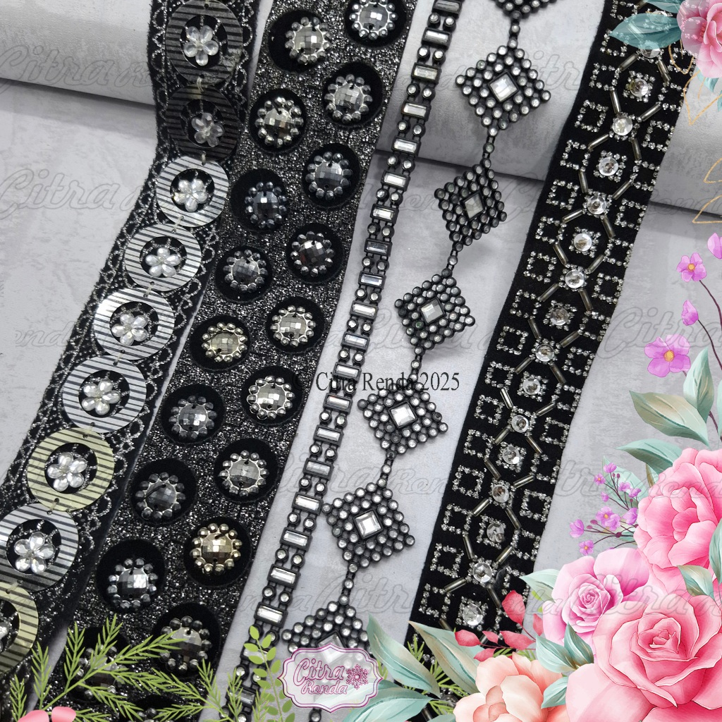 (Per Meter) SR110 Pita Renda dengan manik-manik kristal imitasi