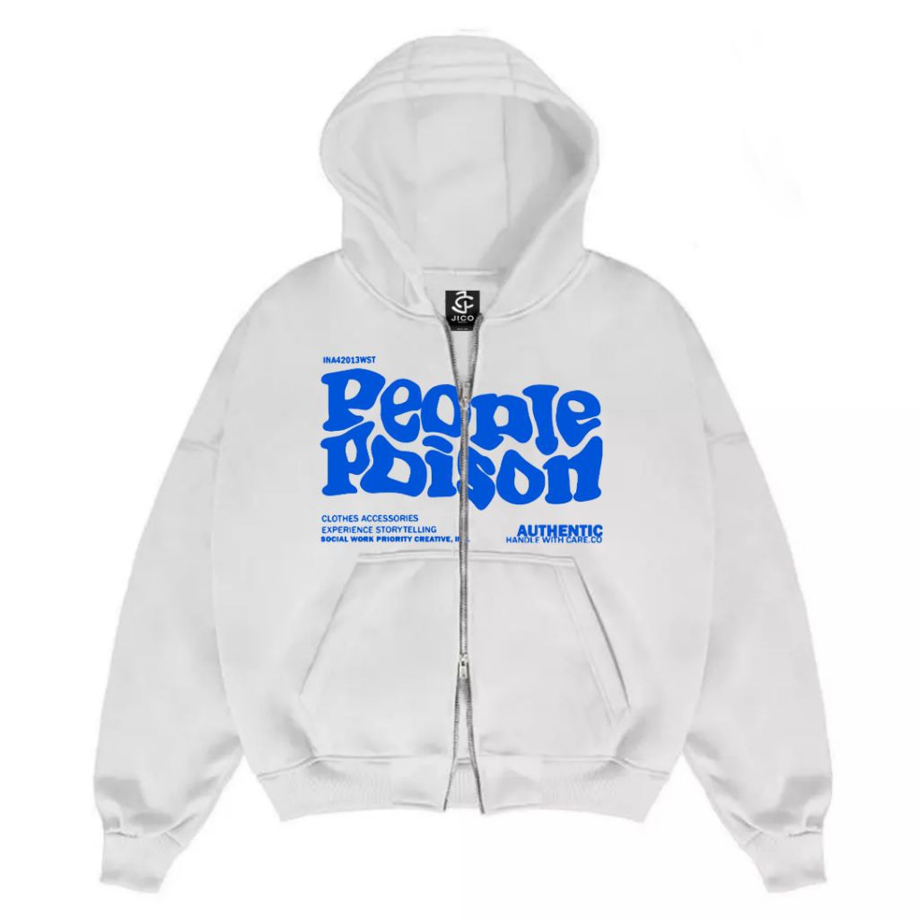 ZODIAK | Jaket Sweater Hoodie Boxy Double Zipper Oversize People Poison Putih Distro Original