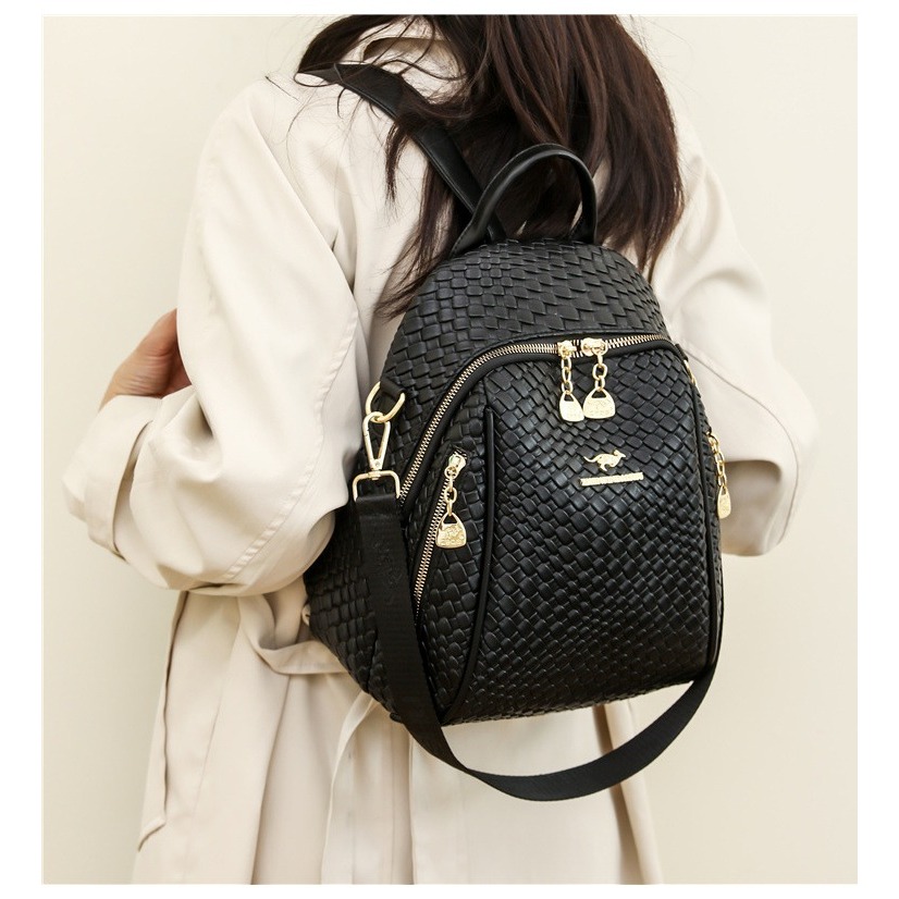 Tas Ransel Wanita PU Leather Anyam Premium – Backpack Fashion Besar Muat Banyak, Anti Air, Ringan, A